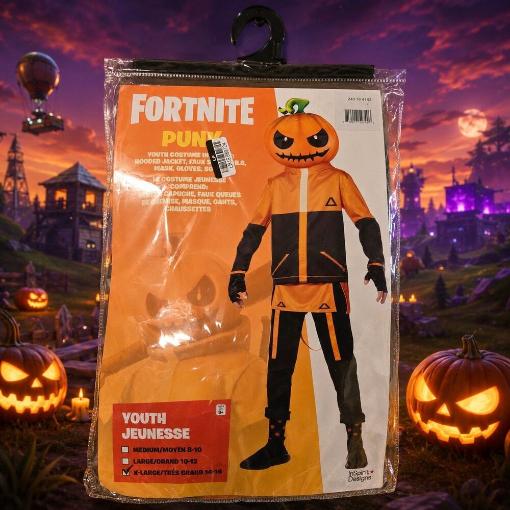 Fortnite Punk Pumpkin Costume Youth XL 14 16 Mask Jacket Gloves Halloween New